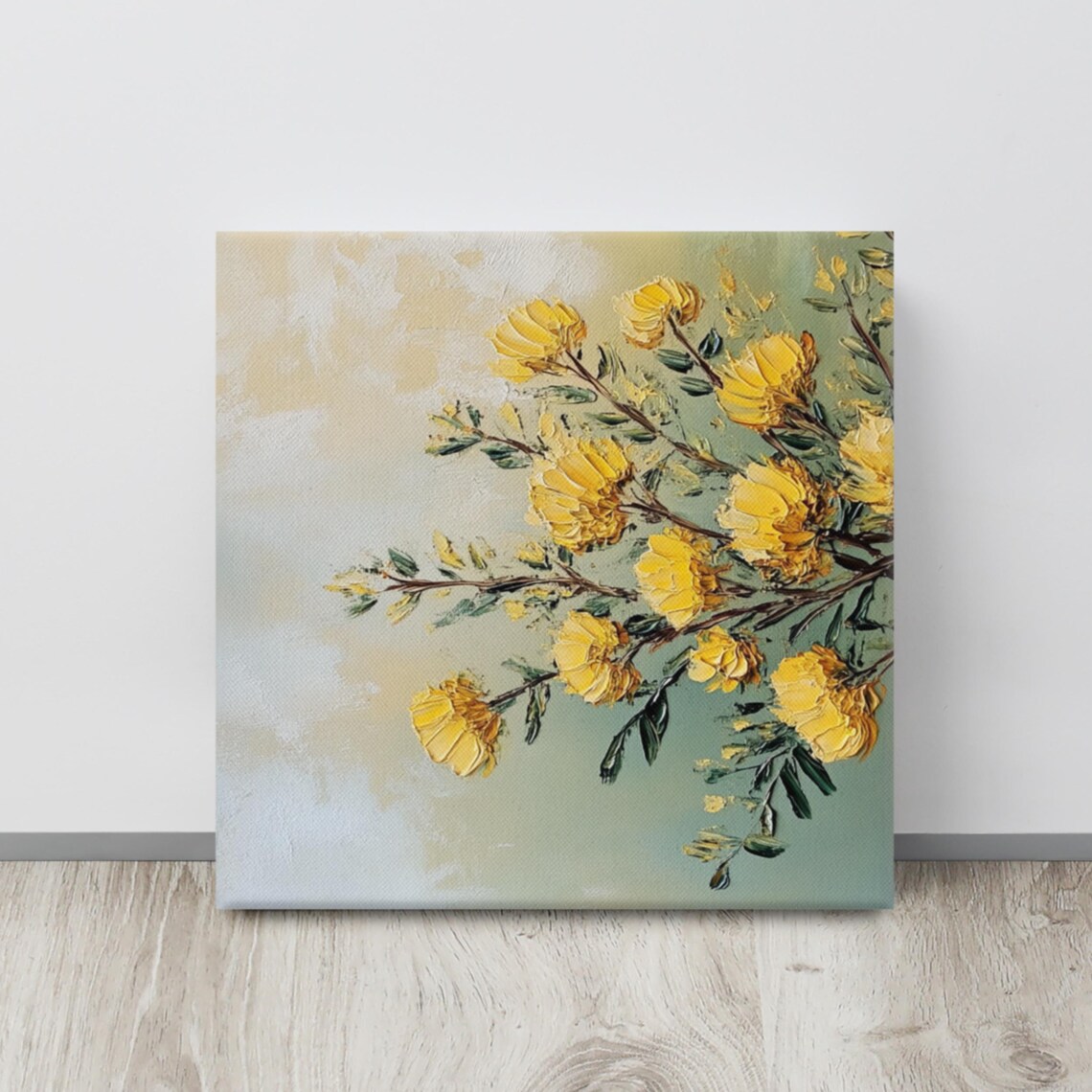 Yellow Acacia Blossoms Branch Sage Cream Floral Impasto Wall Art