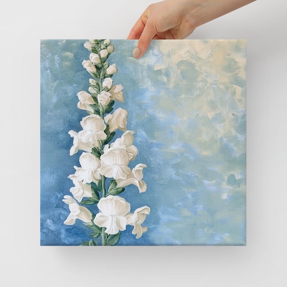 White Snapdragon Flower Spike Blue Sky Painterly Botanical Print