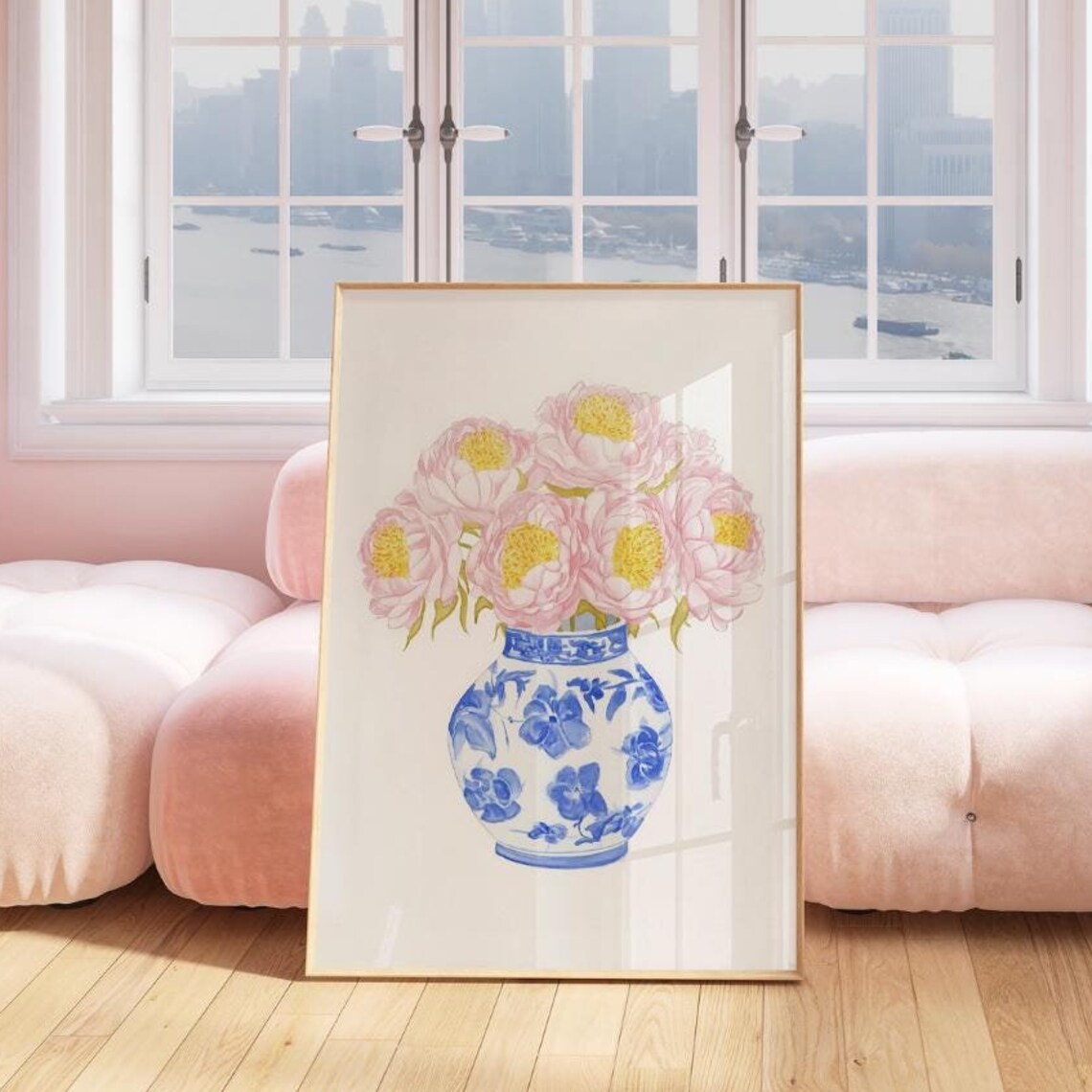 Pink Yellow Peonies Blue White China Vase Floral Watercolor Print