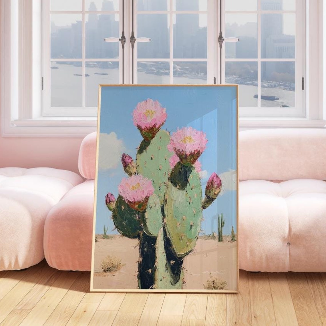 Prickly Pear Cactus Painting Pink Blooms Desert Botanical Poster