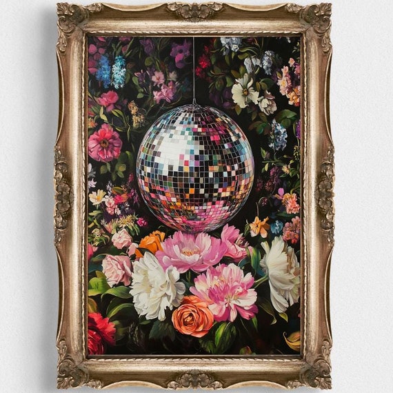 Disco Ball Maximalist Vivid Bold Botanical Oil Painting Colorful Living Room Art Trendy Kitsch Pink Decor Unique Gift Idea