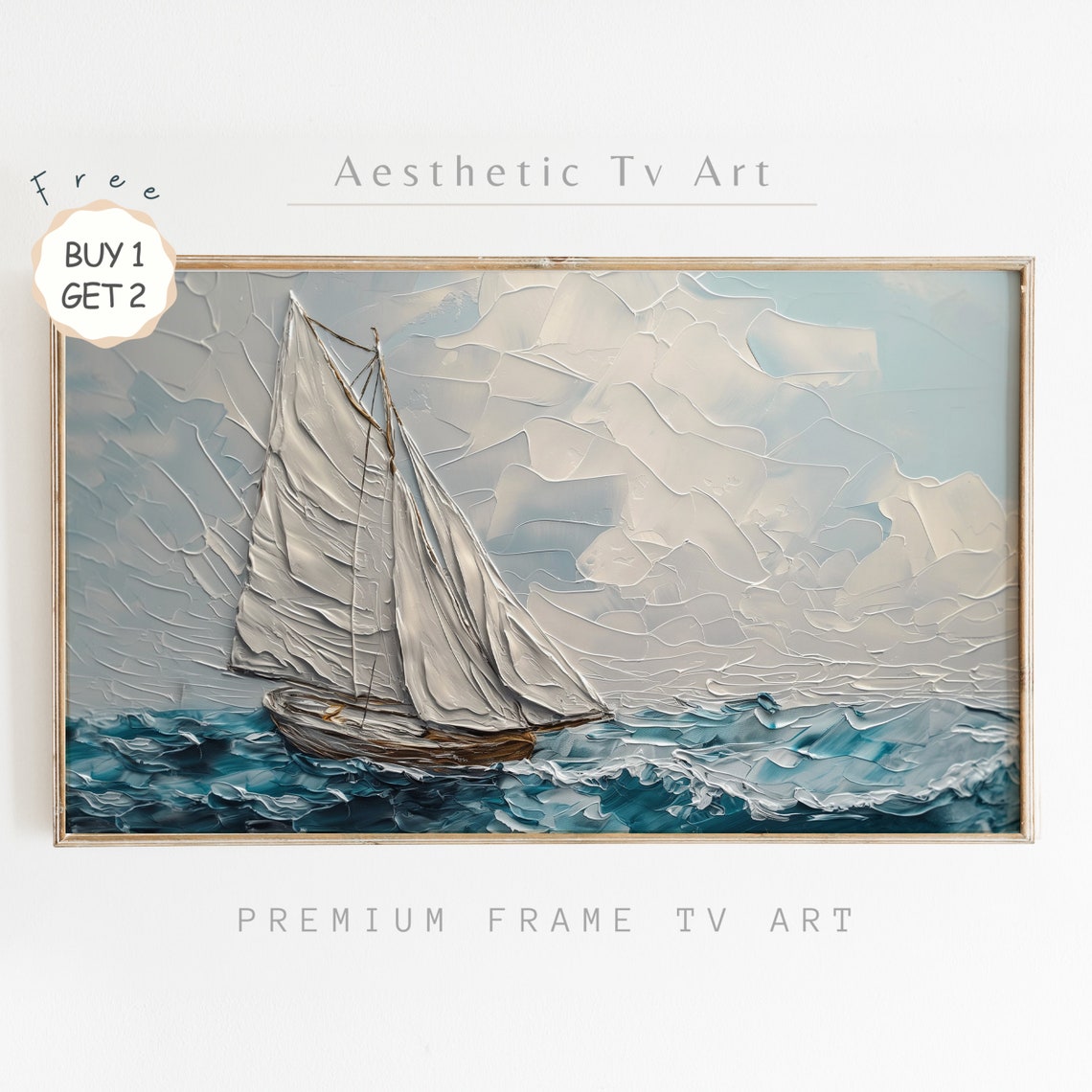 White Sailboat Ocean Waves Textured Impasto Nautical Sailing Poster