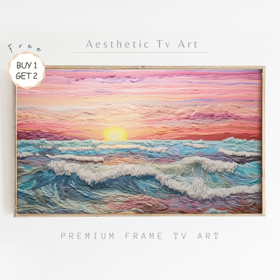Embroidered Ocean Sunset Waves Pink Sky Textured Fiber Art Poster