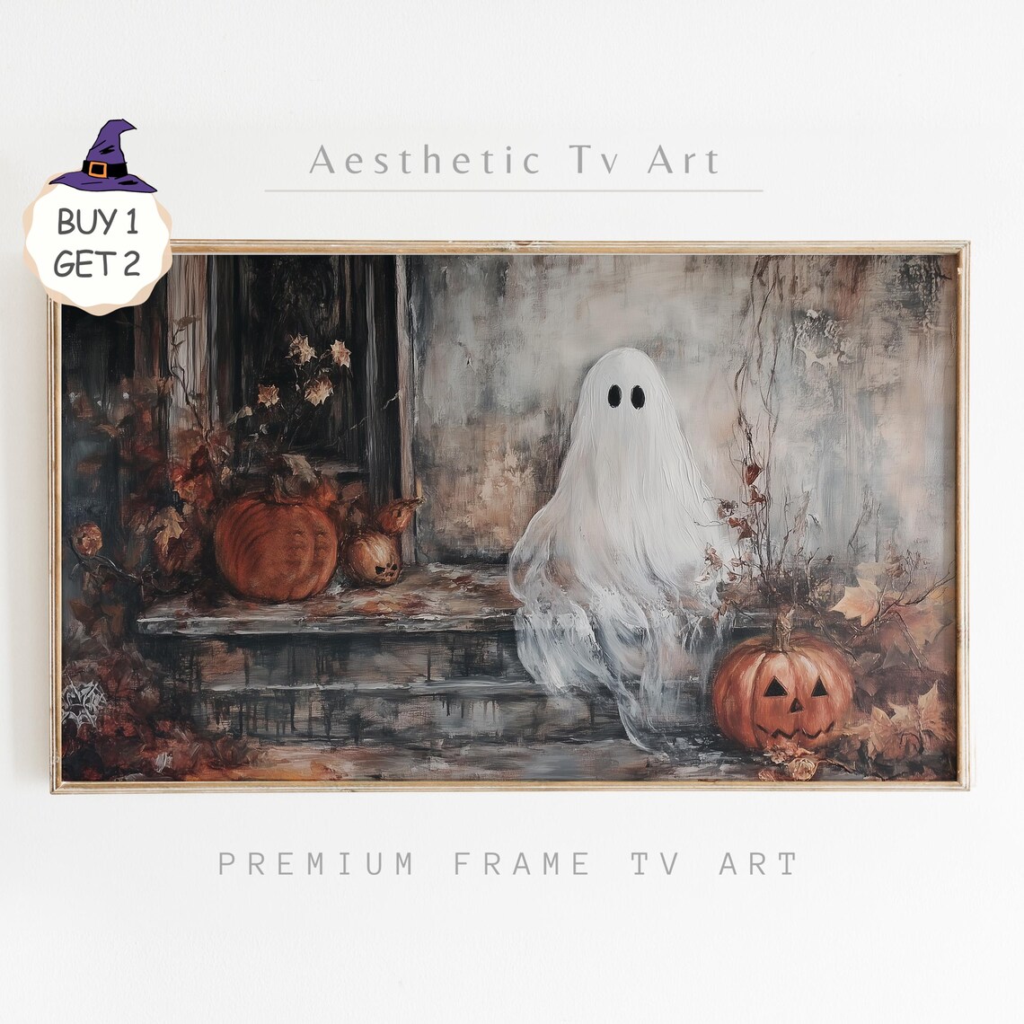Ghost on Rustic Doorstep with Pumpkins Halloween Porch TV Art