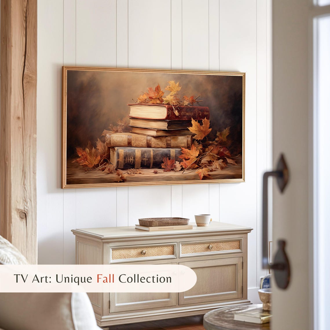 Antique Books Stack with Autumn Leaves Cozy Fall Still Life TV Art - Image 3