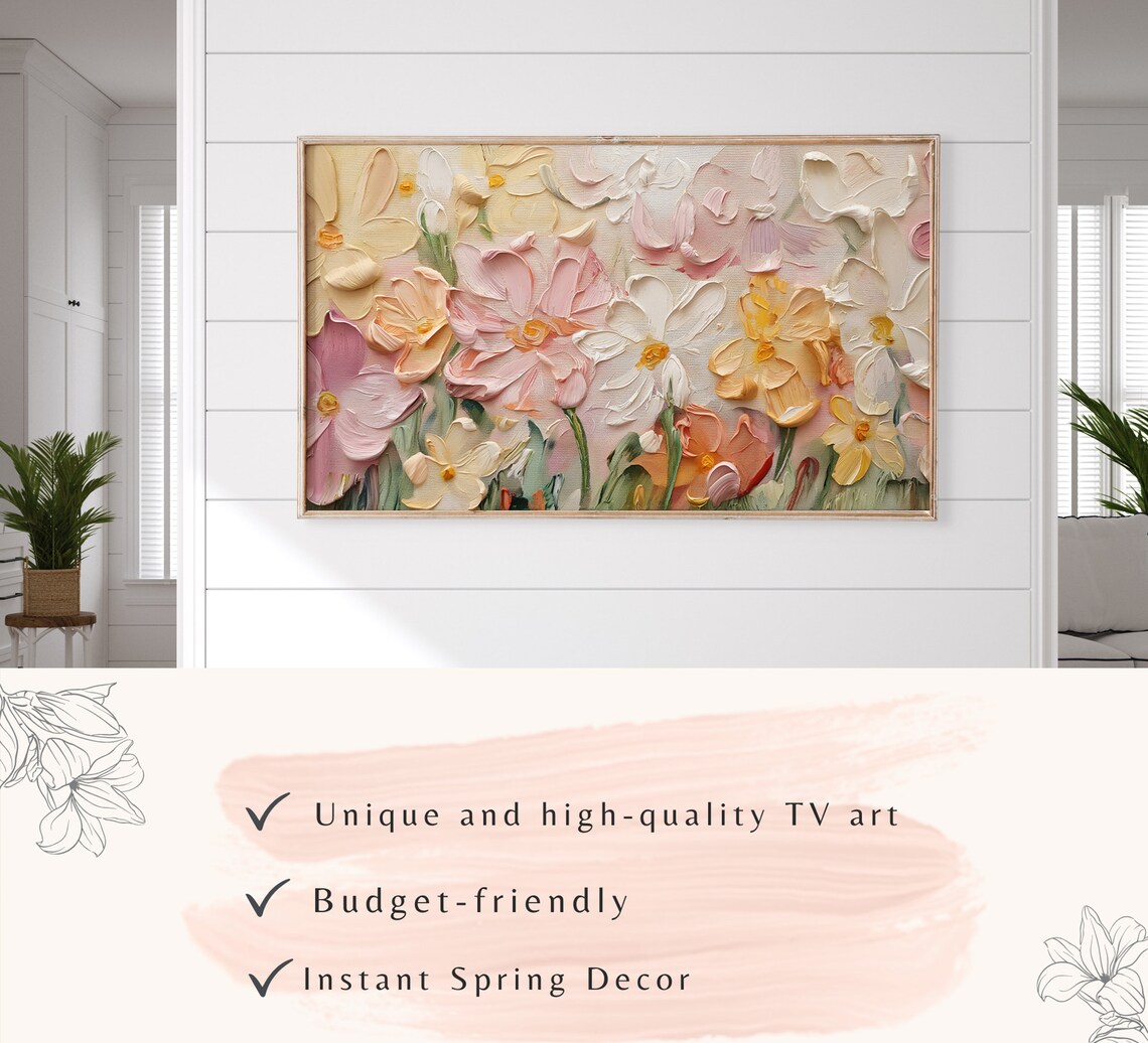 Pastel Impasto Spring Flowers Cream Pink Textured Oil Painting Poster - Image 3