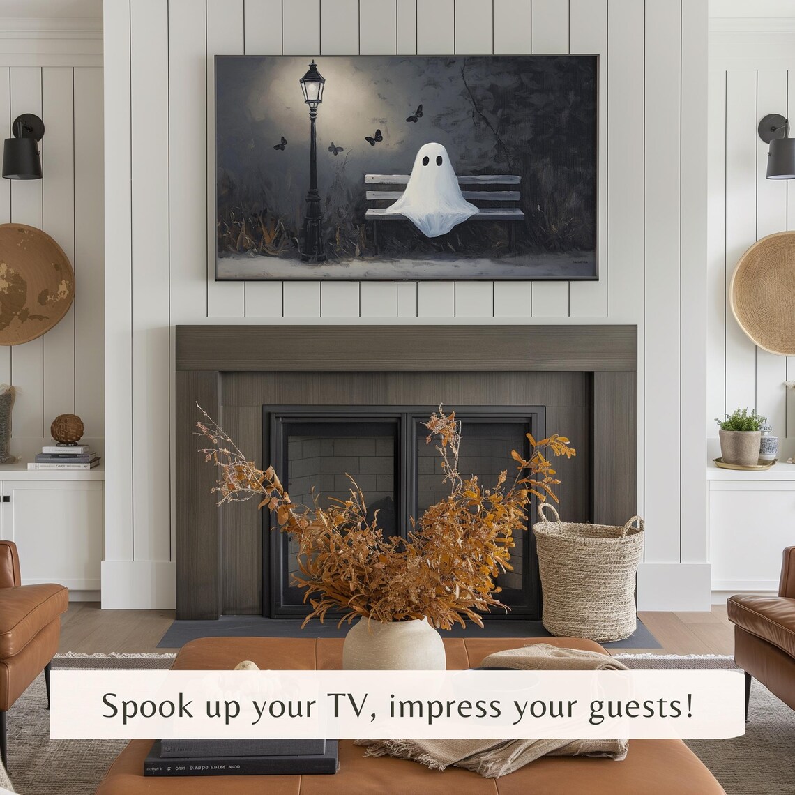 Ghost on Park Bench Night Street Lamp Butterflies Halloween TV Art - Image 3