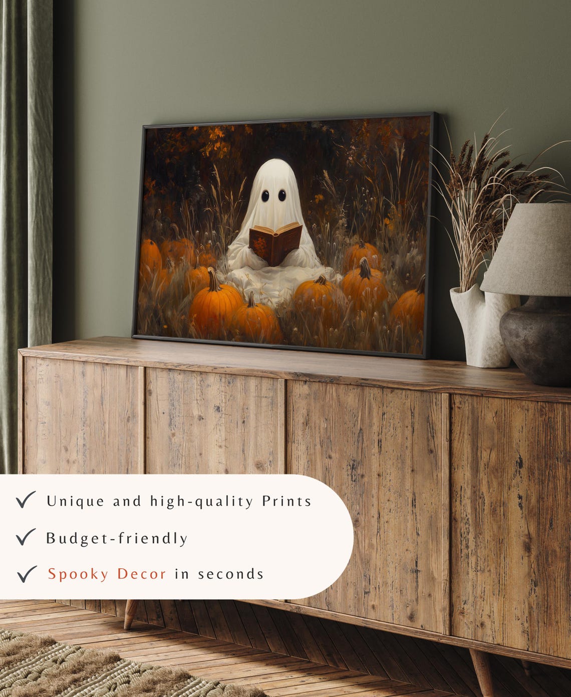 Cute Ghost Reading Book Among Pumpkins At Night Halloween Art Poster - Image 4