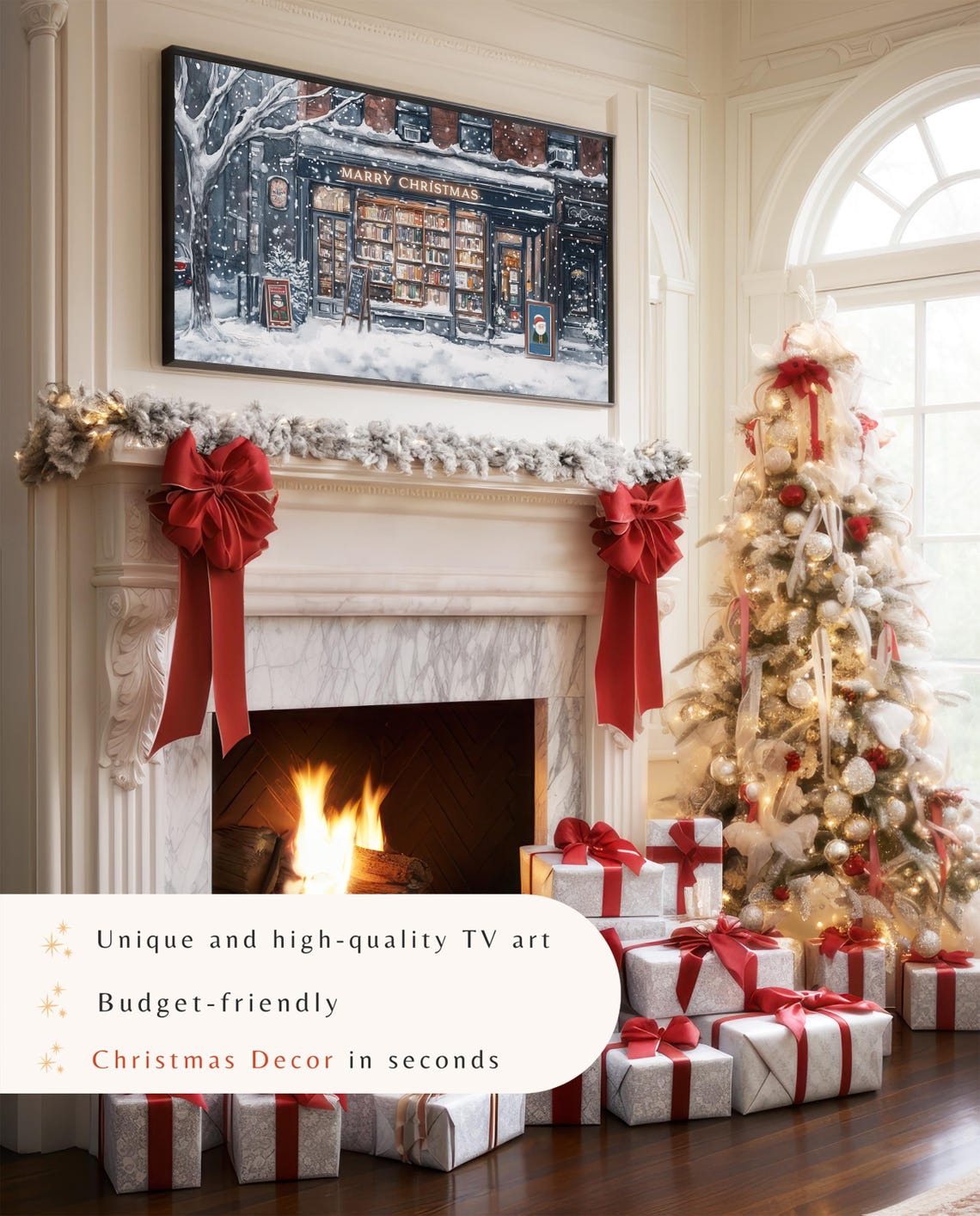 Christmas Frame Tv Art Snowy Winter Frame Tv Art Farmhouse Christmas Vintage Town Bookstore Painting Farmhouse Christmas Decor - Image 4
