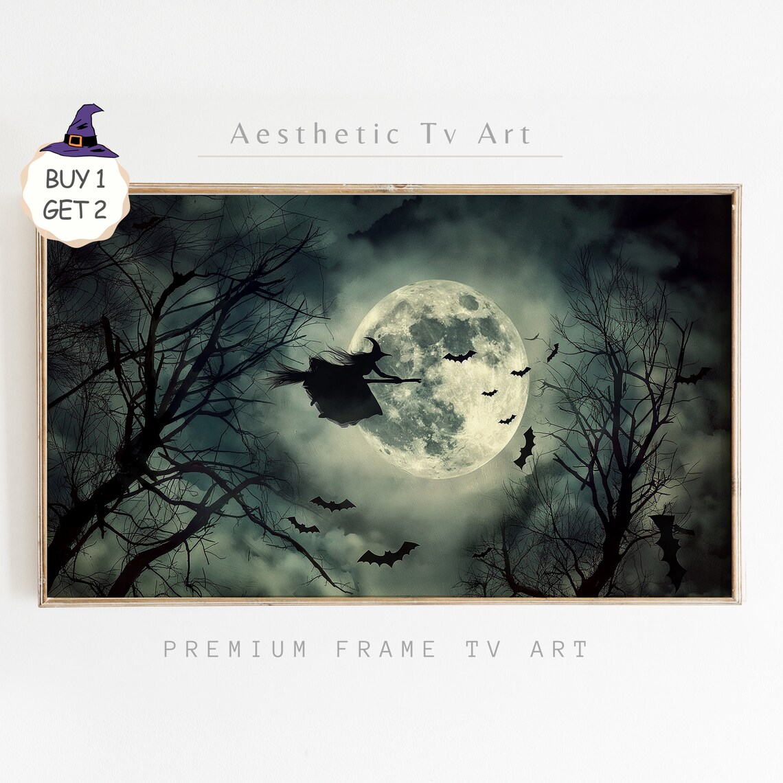 Witch Flying Broom Full Moon Bats Bare Trees Spooky Halloween Poster