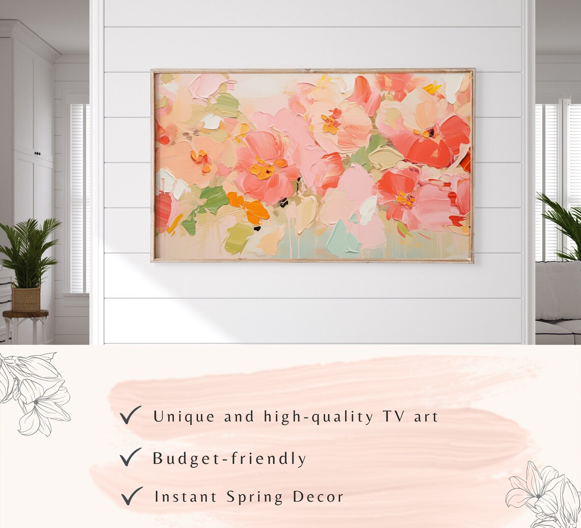 Coral Pink Floral Impasto Oil Painting Abstract Spring Blooms Wall Art - Image 3