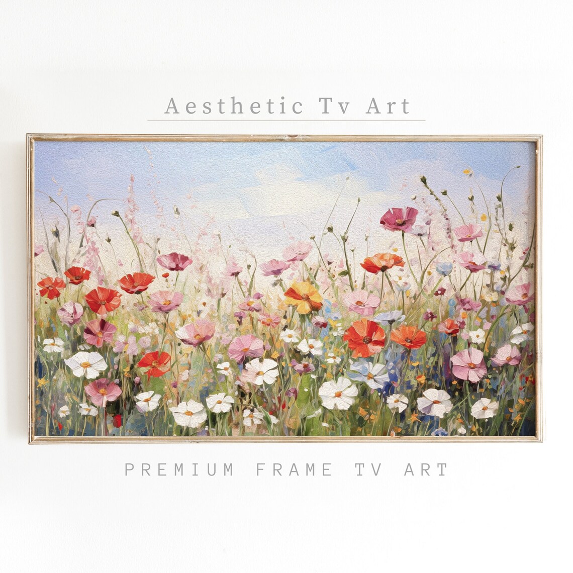 Colorful Wildflower Meadow Sky Pink Red White Flowers Art Poster