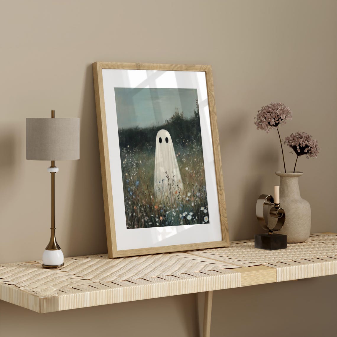 Cute Ghost In Wildflower Meadow At Dusk Vintage Halloween Art Poster - Image 3