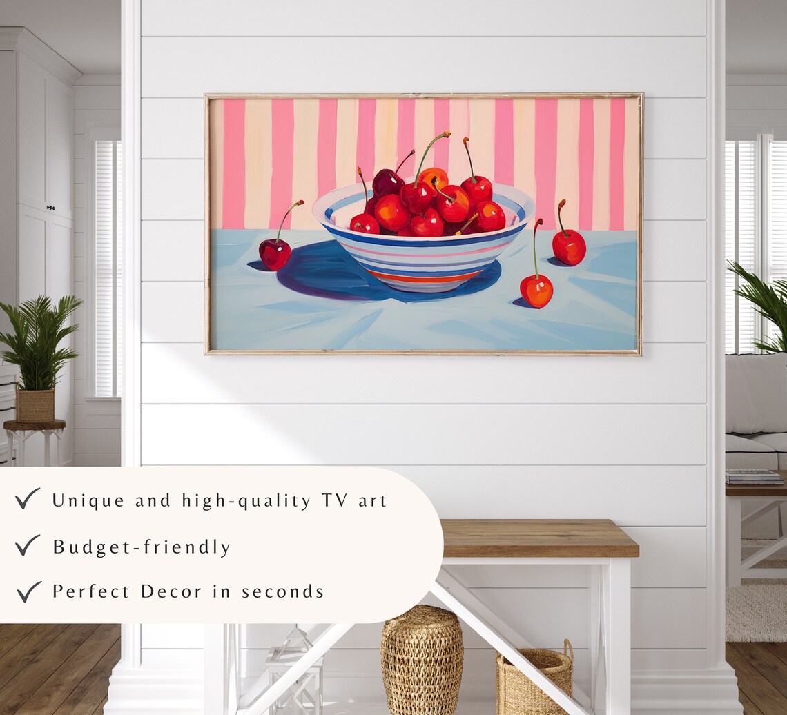 Red Cherries Bowl Still Life Bold Pink Stripes Retro Kitchen Poster - Image 3