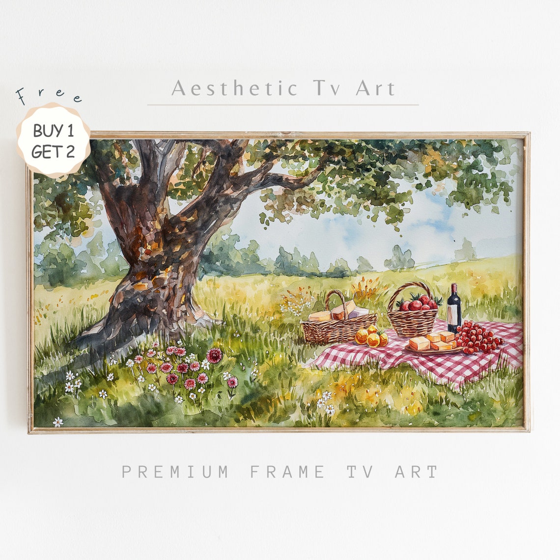 Summer Picnic Under Old Tree Watercolor Checkered Blanket Meadow Print