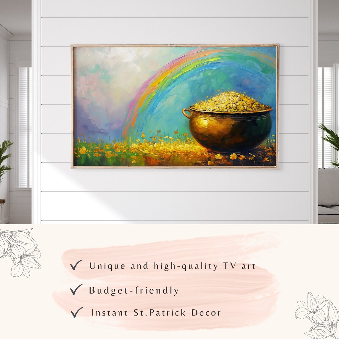 St Patricks Day Rainbow Pot Of Gold Coins Shamrock Oil Poster - Image 3