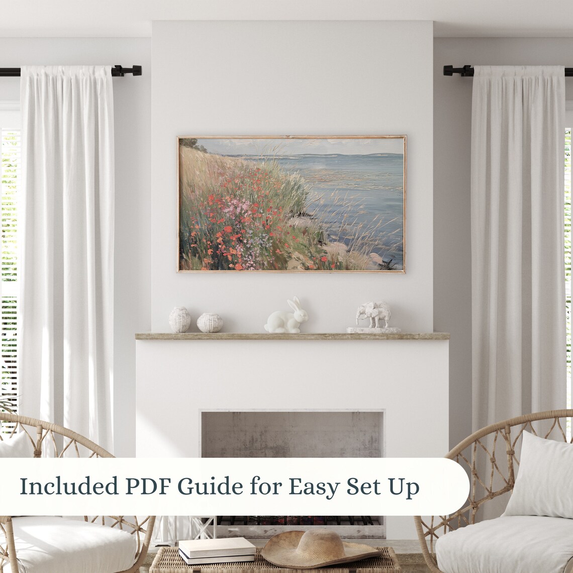 Red Poppy Coastal Cliff Path Textured Oil Painting Blue Sea Poster - Image 3