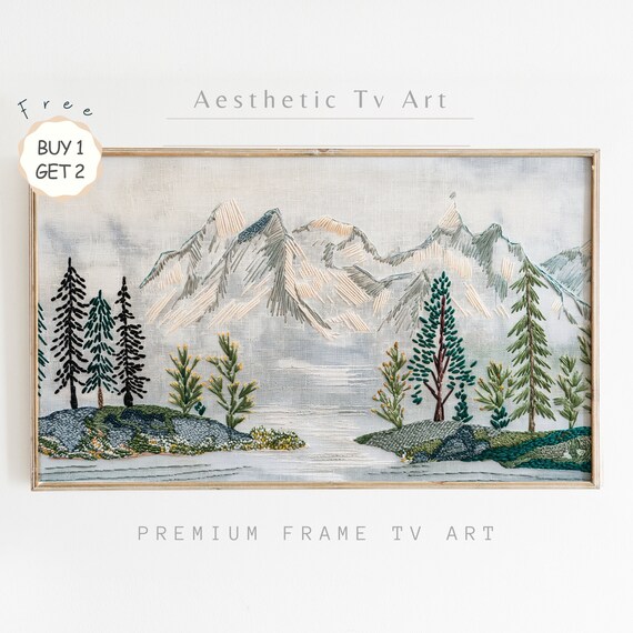 Frame Tv Art Mountains Landscape Painting Rustic Country Embroidery Tv Frame Art Muted Painting Of Mountains