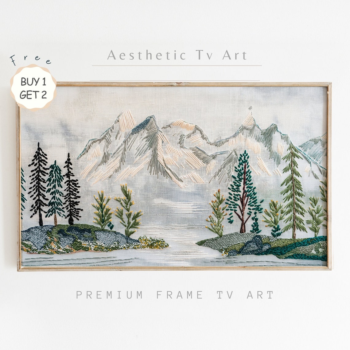 Rustic Embroidered Mountain Lake Pine Trees Stitched Art Poster