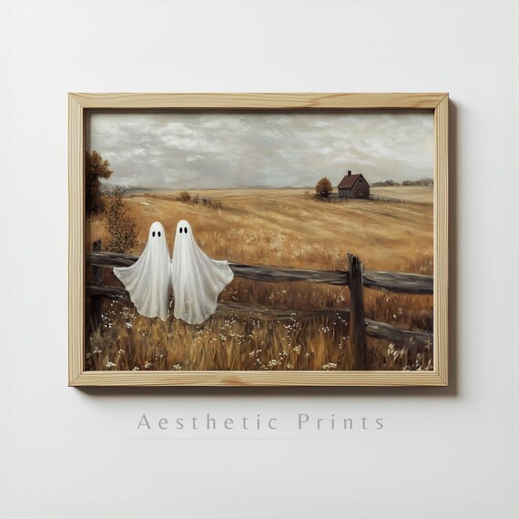 Two Cute Ghosts On Fence In Golden Countryside Vintage Halloween Poster