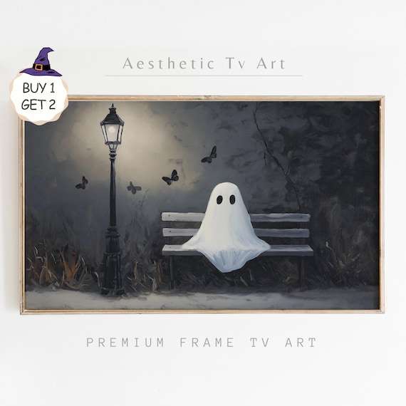 Ghost on Park Bench Night Street Lamp Butterflies Halloween TV Art