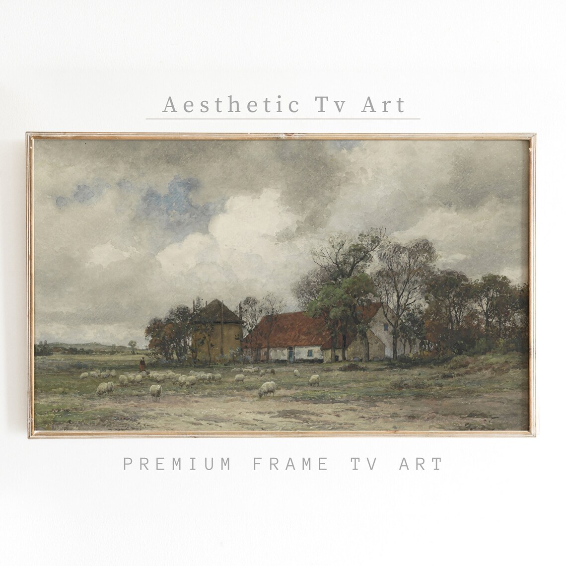 Moody Vintage Farmhouse Sheep Pasture Cloudy Sky Landscape Poster