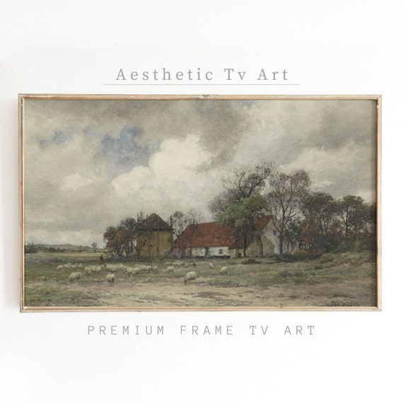 Vintage Frame Tv Art Moody Landscape Painting Antique Farmhouse Oil Painting Vintage Home Decor Frame Tv