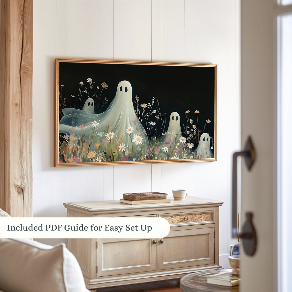 Halloween Frame Tv Art Cute Ghost Wildflower Painting Dark Botanical Floral Spooky Ghost Frame Tv Art - Image 3