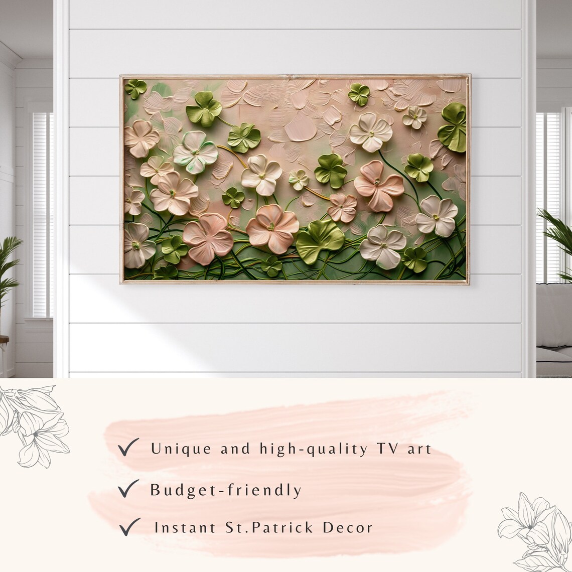 Pastel Pink Clover Blossoms Textured Abstract Spring Oil Poster - Image 3