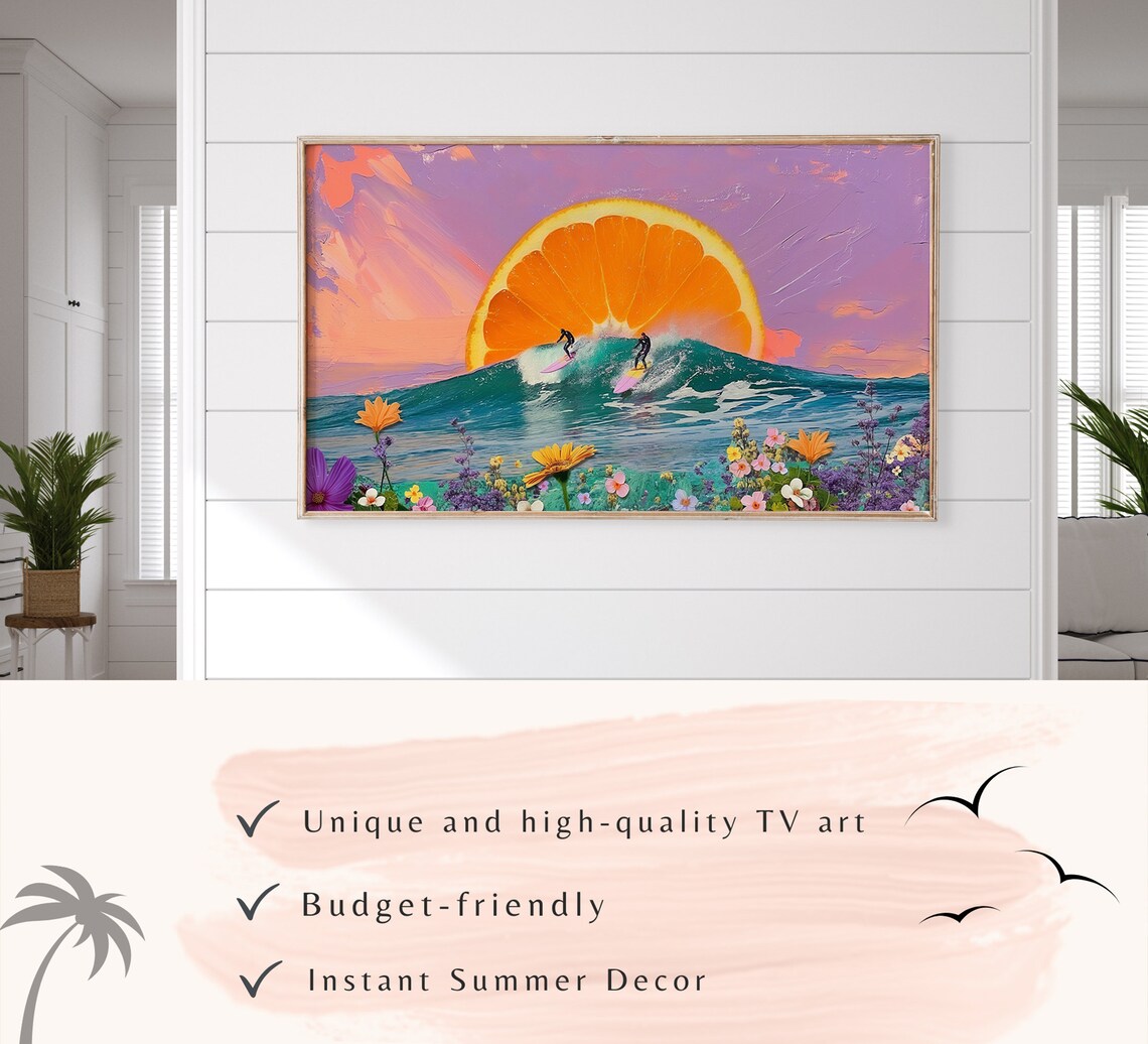 Surreal Surfers Orange Sun Wave Wildflowers Purple Sky Art Poster - Image 3
