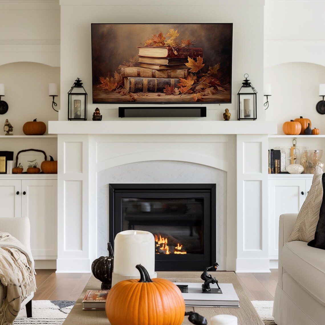 Antique Books Stack with Autumn Leaves Cozy Fall Still Life TV Art - Image 2