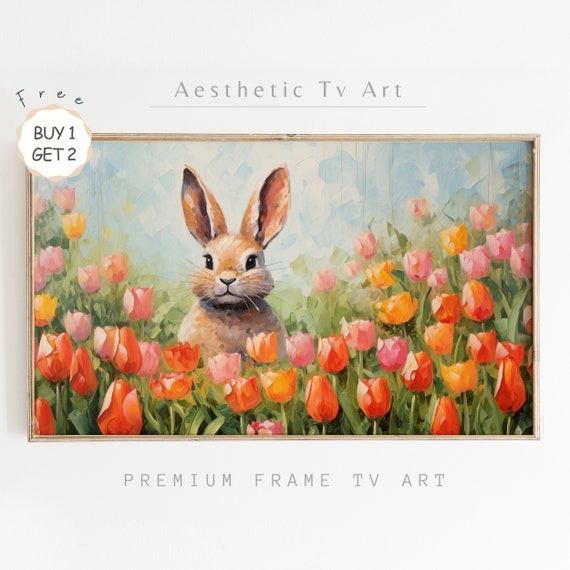 Easter Frame Tv Art Cute Easter Bunny In A Colorful Spring Tulips Garden Easter Farmhouse Decor