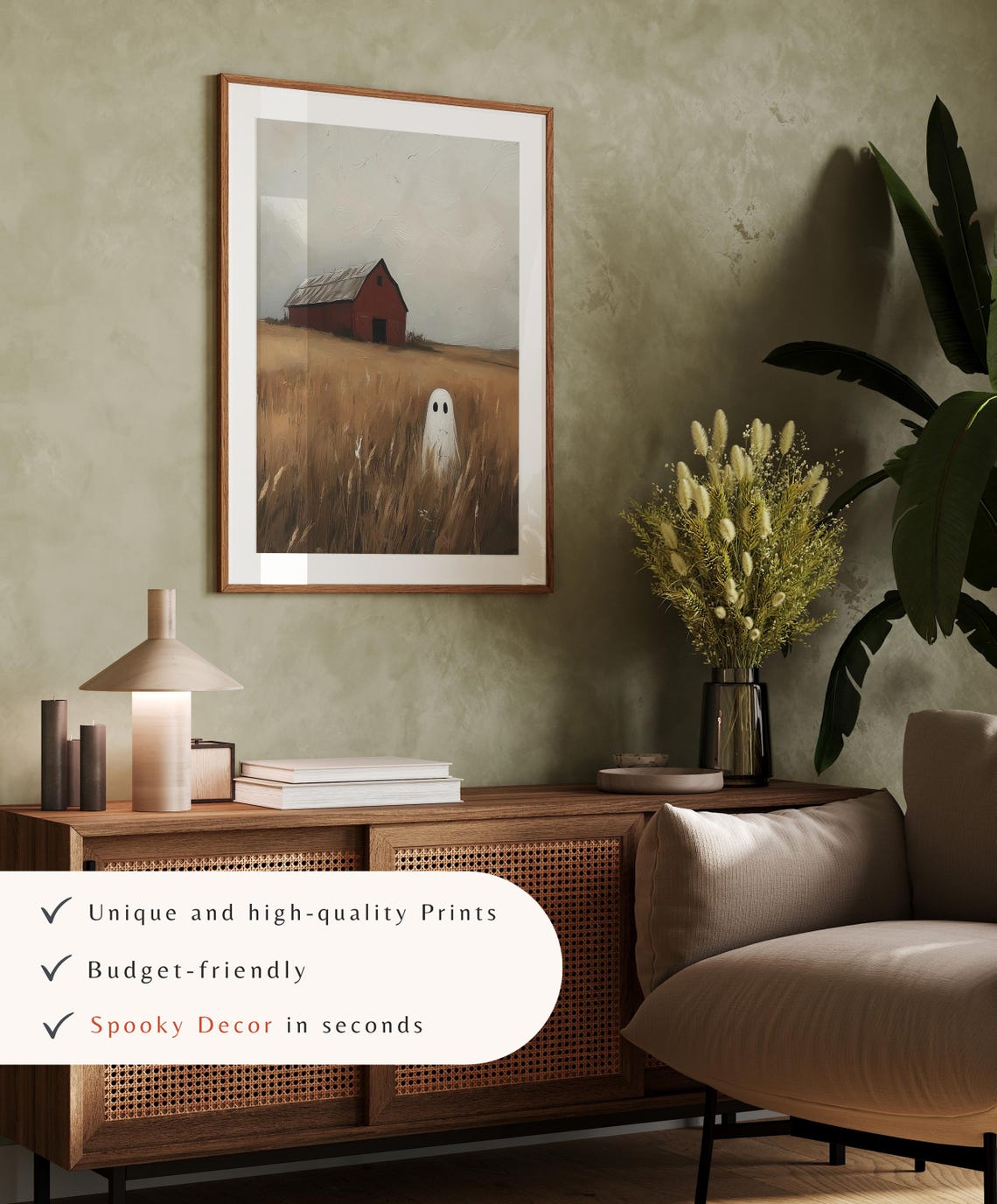 Cute Ghost In Golden Wheat Field With Red Barn Halloween Art Poster - Image 4
