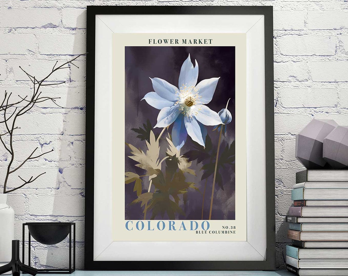 Colorado Flower Market Blue Columbine Night Bloom Botanical Poster
