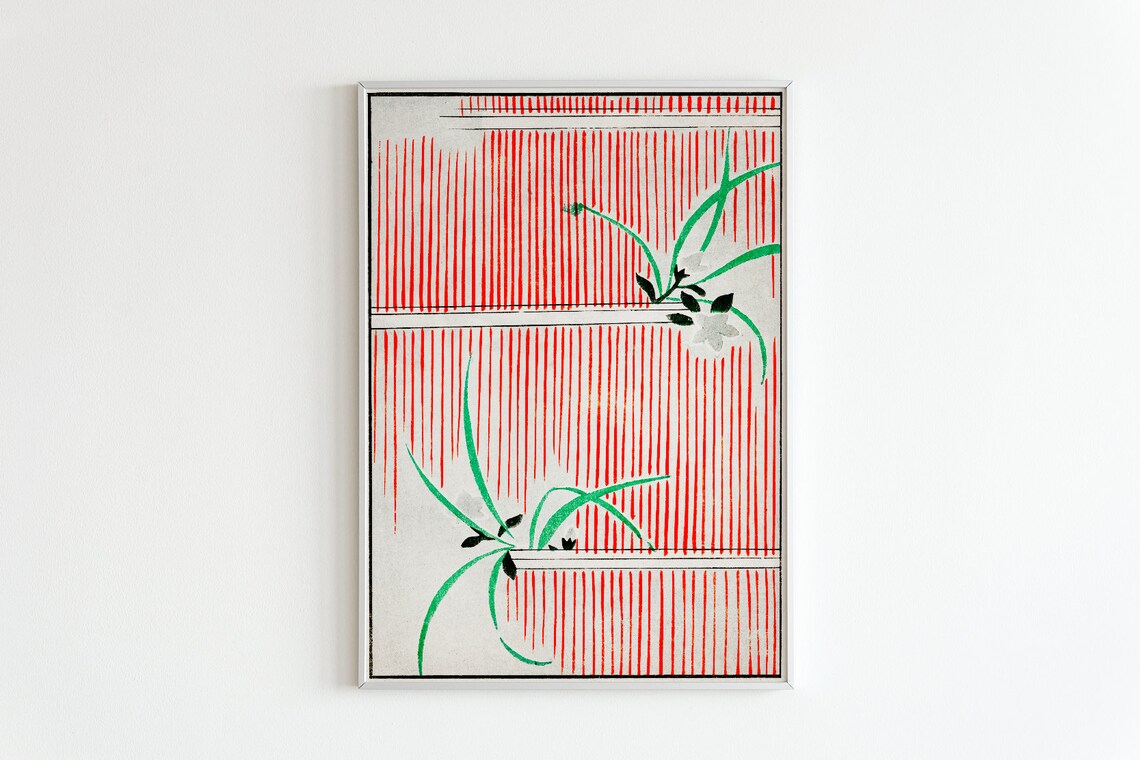 Retro Red Striped Flower Botanical Japanese Woodblock Art Poster
