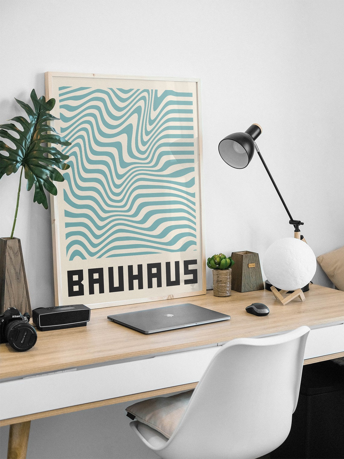 Bauhaus Teal Wavy Lines Optical Retro Abstract Mid Century Art Poster - Image 3