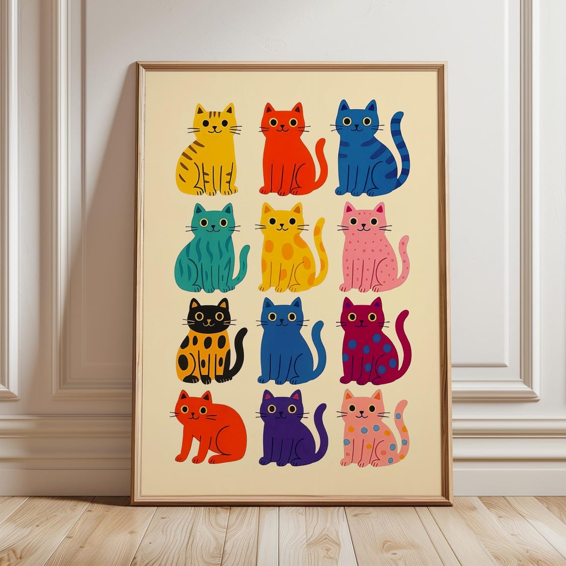 Twelve Cute Cartoon Cats Grid Colorful Feline Friends Poster