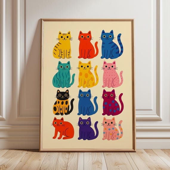 Colorful Cat Nursery Art Print Whimsical Kitten Baby Room Decor Playful Animal Kids Bedroom Shower Gift Poster Digital Download