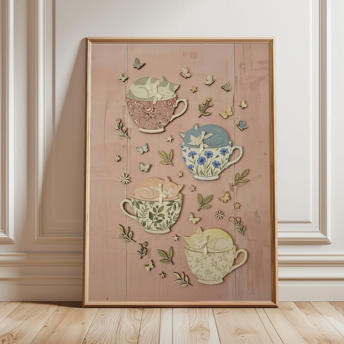 Sleeping Cats in Floral Teacups Whimsical Shabby Chic Poster
