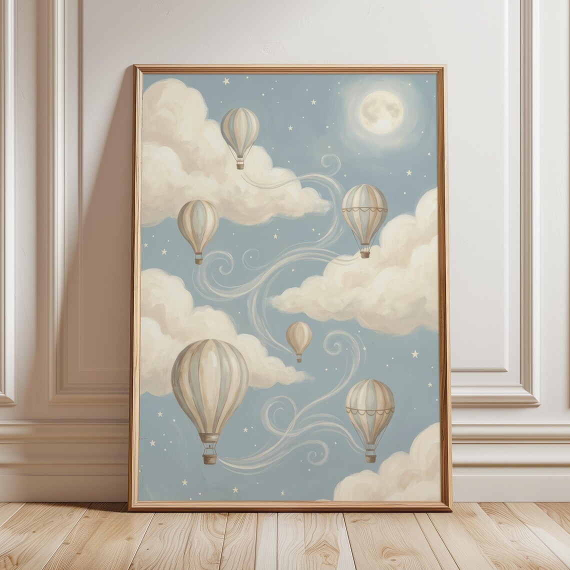 Vintage Hot Air Balloons Moonlit Clouds Nursery Dream Poster