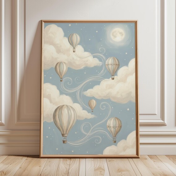 Vintage Hot Air Balloon Nursery Wall Art Print Whimsical Dreamy Sky Baby Boy Room Decor Mural Storybook Cottagecore Kids Poster Celestial