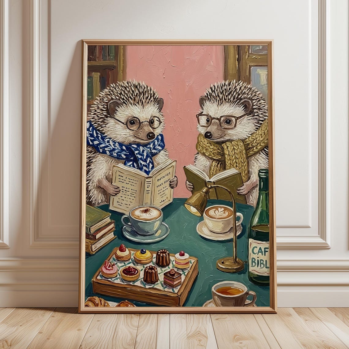 Hedgehogs Reading at Cafe Whimsical Bookworm Coffee Art Poster