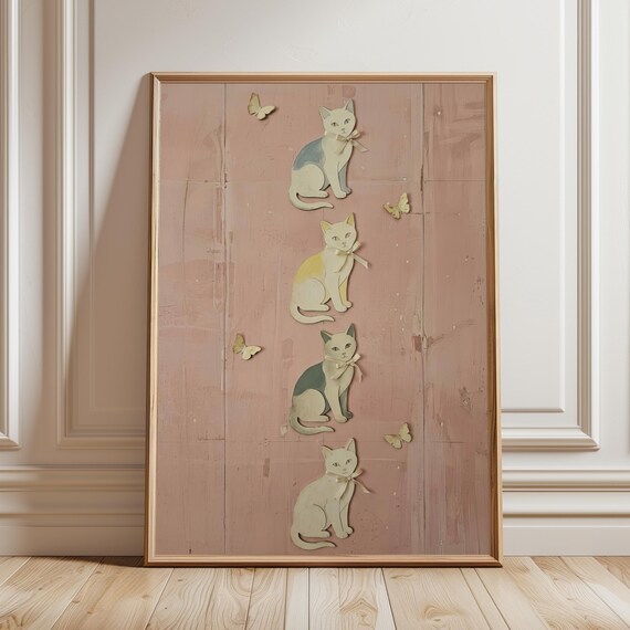 Pink Storybook Cats with Bows Vintage Nursery Cat Wall Poster