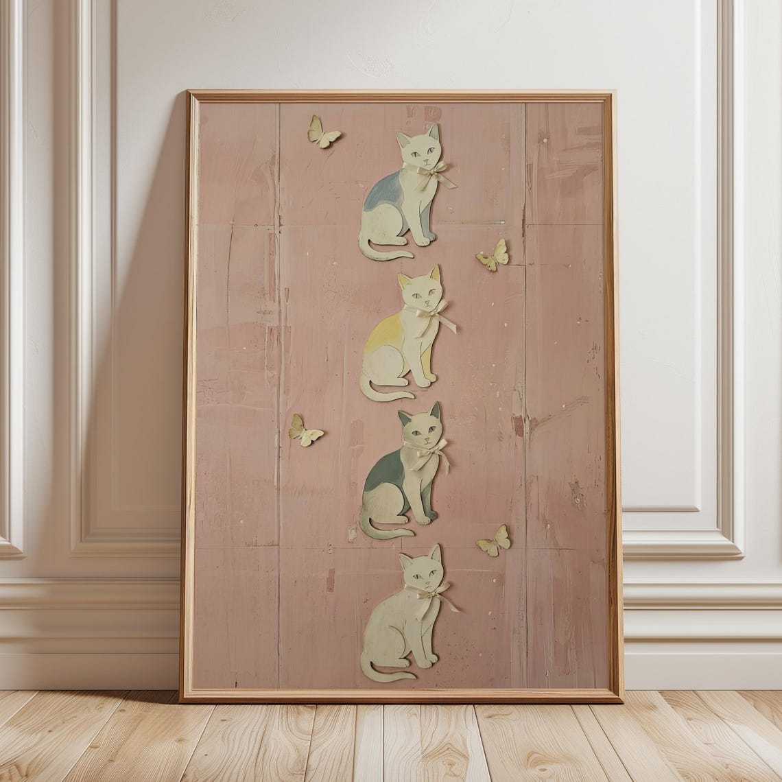 Pink Storybook Cats with Bows Vintage Nursery Cat Wall Poster