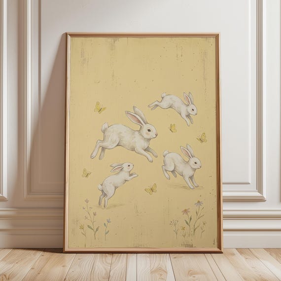 Vintage Bunny Art Print, Whimsical Rabbit Nursery Decor