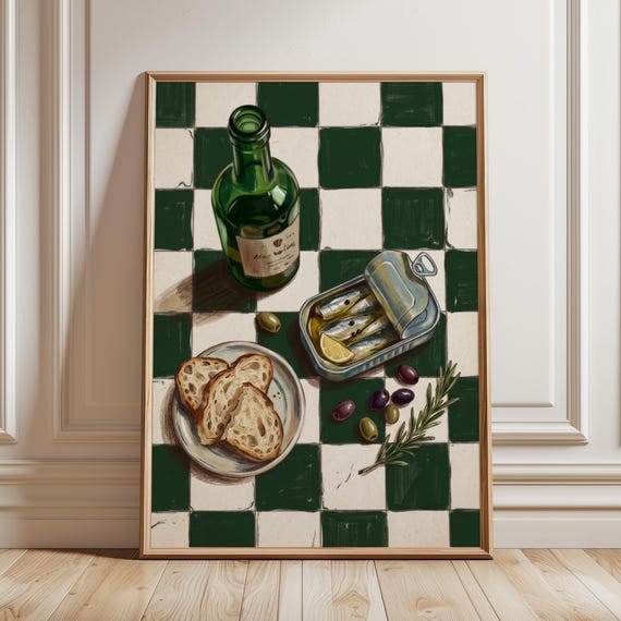 Sardine And Wine Still Life Print Moody Bistro Wall Art Retro European Kitchen Decor Green Checkerboard Food Poster Digital Download