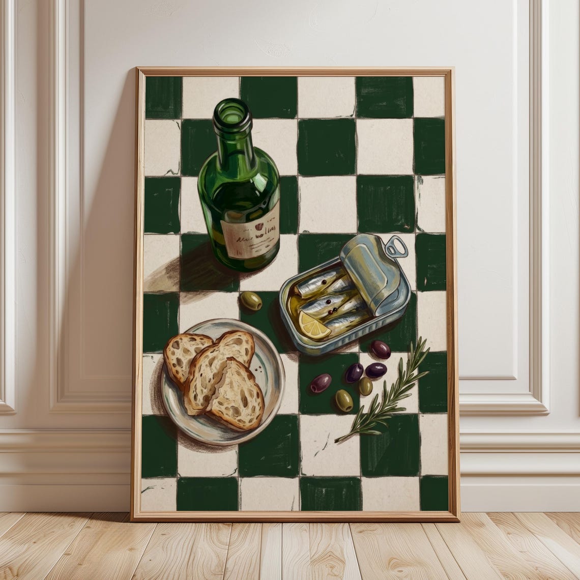 Sardine Tin and Wine Bottle Bistro Still Life Moody Kitchen Art Poster
