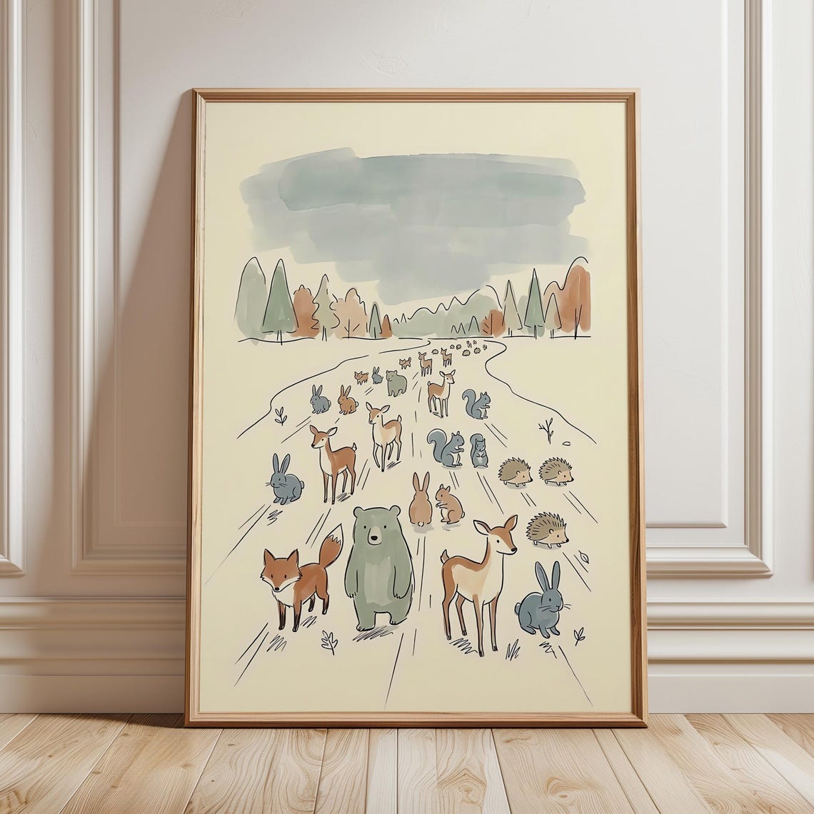Woodland Animal Parade Art Print Gender Neutral Kids Room Decor Scandinavian Baby Playroom Poster Storybook Forest Nursery Paint