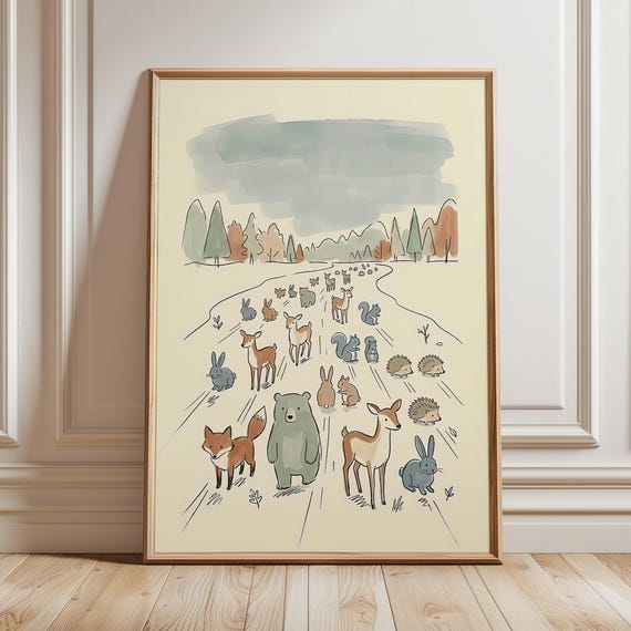 Woodland Animal Parade Art Print Gender Neutral Kids Room Decor Scandinavian Baby Playroom Poster Storybook Forest Nursery Paint
