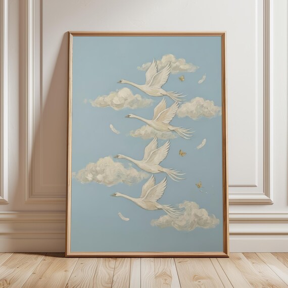 Four Graceful White Swans Flying Pastel Blue Sky Nursery Poster